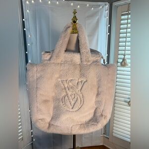 VS Style Faux Fur Sherpa Monogram Tote Bag Large Cream